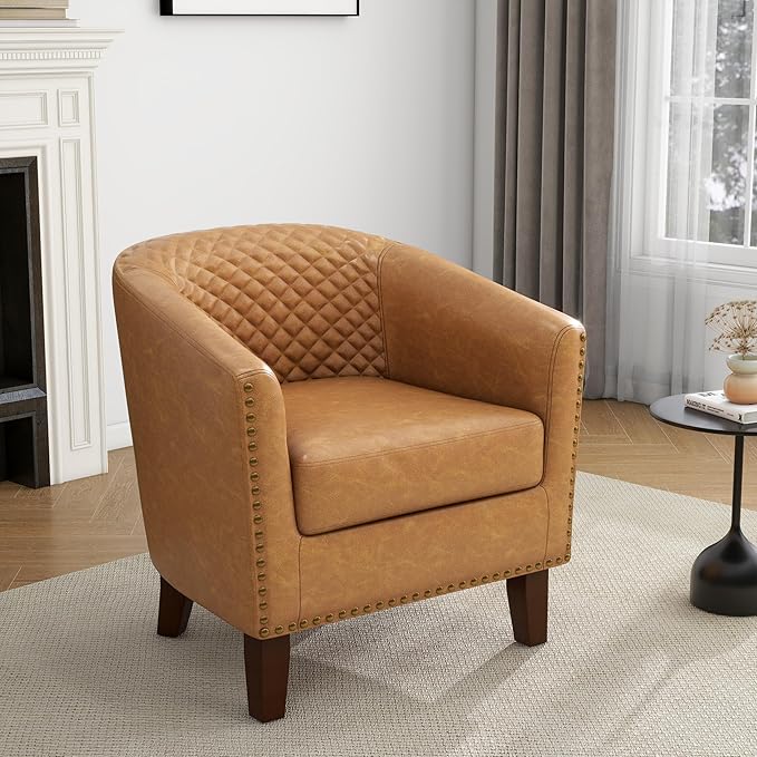 UIXE Faux Leather Barrel Accent Chair, Living Room Club Arm Chairs Modern Round Armchair Comfy Upholstered Single Sofa Reading Seat, Coffee/Light Brown
