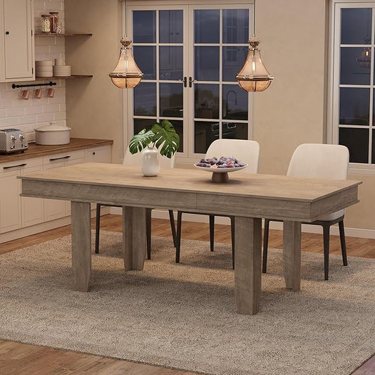 GarveeHome 63 in-86.6 in Extendable Dining Room Table for 6-10, Farmhouse Kitchen Tables w/Wooden Sturdy Frame, Large Rectangular Dinner Table for Dining Room, Kitchen