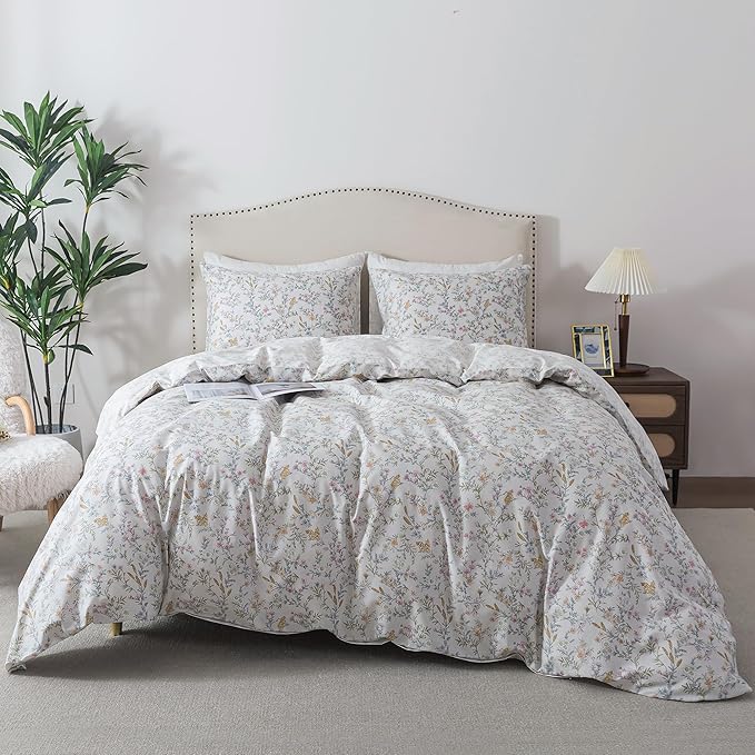 HoneiLife Wildflower Duvet Cover King - 100% Cotton Comforter Cover Sets, 3-PC Soft & Breathable Floral Duvet Cover Sets, Botanical Duvet Cover with Zipper Closure & Corner Ties, Lively Spring