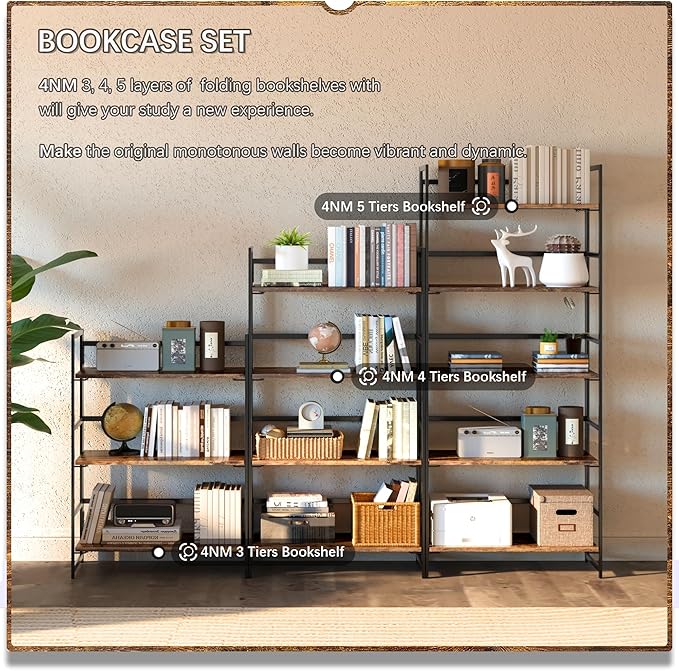 4NM No Assembly 5 Tiers Collapsible Book Shelves, 51.2" H Folding Bookshelf Bookcase Open Industrial Foldable Shelves for Bedroom, Living Room, Home Office - Rustic Brown Black