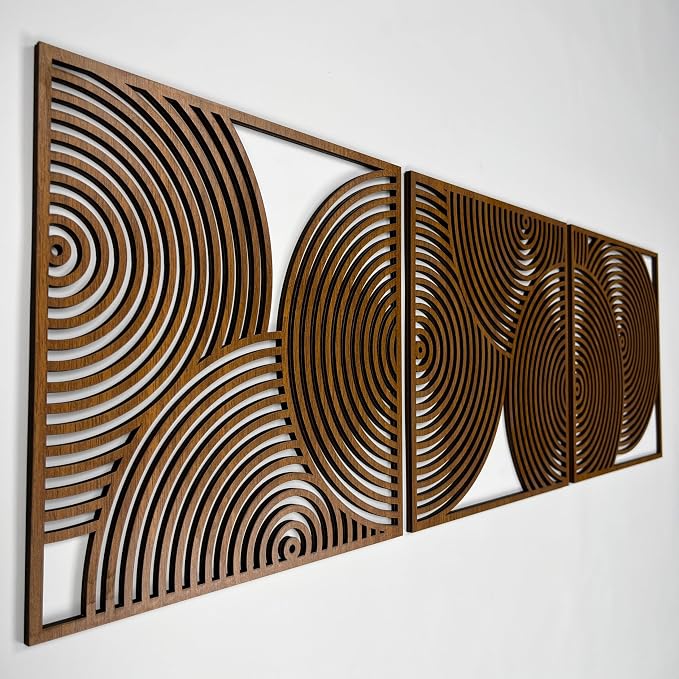 Mid Century Modern Wood Wall Art with Circular Patterns, Set of 3 Boho Home Decor Gift, Midcentury Modern Style Large Wooden Wall Art