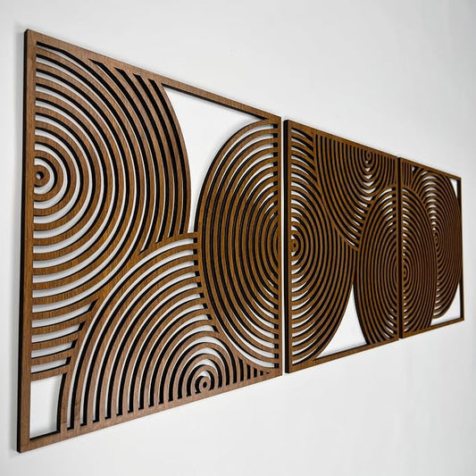 Mid Century Modern Wood Wall Art with Circular Patterns, Set of 3 Boho Home Decor Gift, Midcentury Modern Style Large Wooden Wall Art