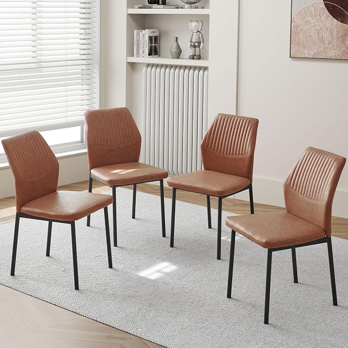 Dining Chairs Set of 4, Brown PU Leather Dining Chairs, Comfortable Upholstered Armless Kitchen Chairs with Black Metal Legs for Living Room, Dining Room, Kitchen