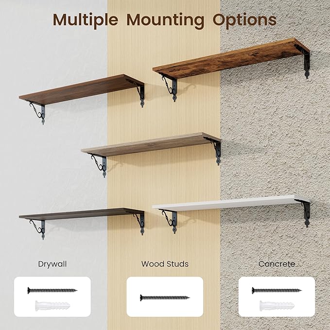 RICHFOCUS Floating Shelves for Wall Decor, 31.5W x 8D Shelves Set of 2, 8" Deep Rustic Wood Floating Shelves Wall Mounted with Brackets, Shelves for Living Room Bedroom Kitchen, Rustic Brown
