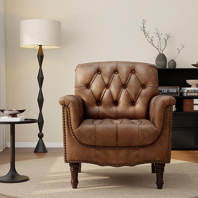 PU Leather Accent Chairs Set of 2, Comfy Club Chair Upholstered Armchair for Living Room, Button Tufted Arm Chair Retro Single Sofa Side Reading Seat for Bedroom (Brown)