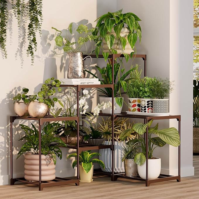 Plant Stand Indoor Outdoor Plant Shelf Stand, 3 Tiers 9 Pots Large Potted Metal Flower Plant Rack for Multiple Plants, Hanging Tall Planter Holder for Patio Balcony Living Room Corner Porch Garden Boho Decor Brown