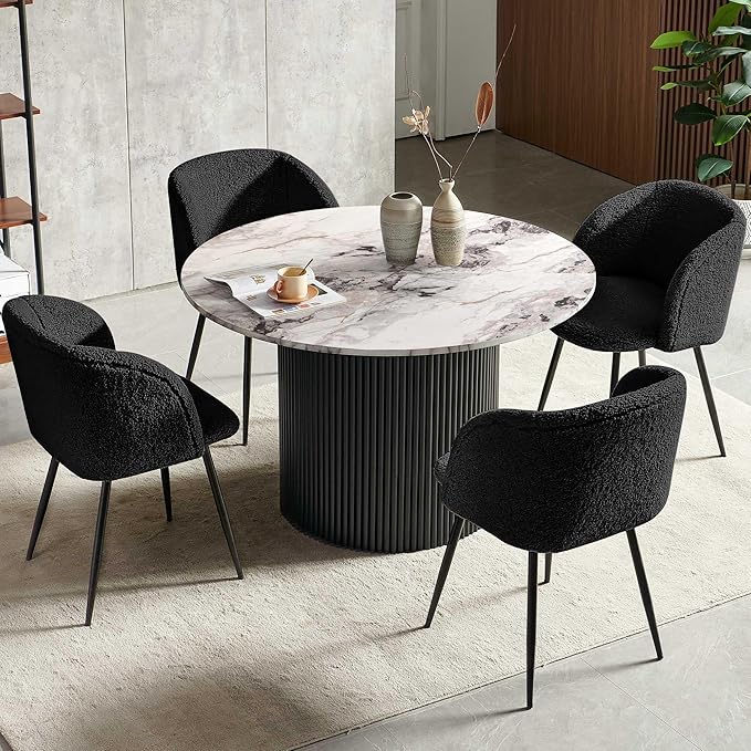 Wooden Dining Table Set with 4 Seated Dining Arm Chairs, 47-in Industrial Kitchen Table Round with Black Upholstered Barrel Side Accent Chairs Set, Classic Breakfast Nook Dinette Set