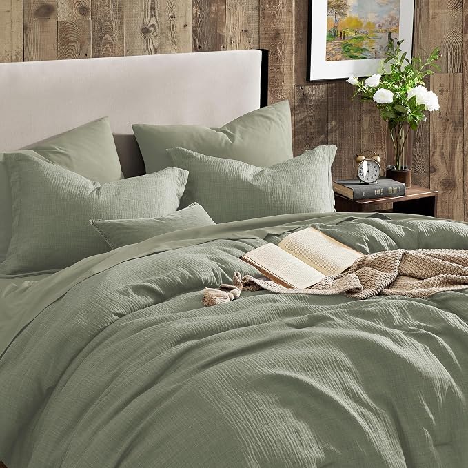 Geniospin Oversized Queen Comforter Sets - 7 Pieces Sage Green Oversized Queen Bedding Set, Solid Bed Set for All Season, Textured Bed in a Bag with Flat Sheet and Fitted Sheet, Pillowcases and Shams