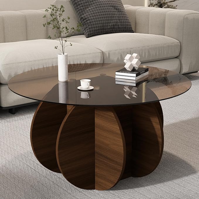 Glass Coffee Table, Round Coffee Table with Petal-Inspired Base, Modern Minimalist Coffee Table for Decoration, Brown Coffee Tables for Living Room, Study Room, Office