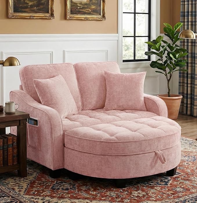 Round Chaise Lounge Chair with Storage Ottoman, Oversized Bubble Chair and a Half Featuring Adjustable Backrest, Plush Reading Accent Chair and Ottoman Set for Bedroom, Blush Pink