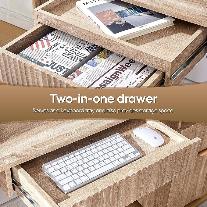 55" Modern Computer Desk with Keyboard Tray, Built-in Power Outlets, Fluted Design, 2-in-1 Main Drawer & Adjustable File Drawer, Office Desk for Home Workspace (Light Oak)