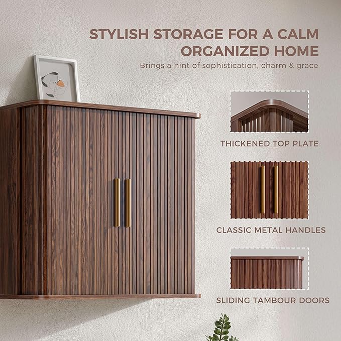 FIMELLO 59" W Laundry Room Cabinets Wall Mounted, Kitchen Wall Cabinet with Sliding Tambour Door, Floating Cabinet for Wall, Upper Cabinets, Hanging Wall Cabinets, Brown Walnut