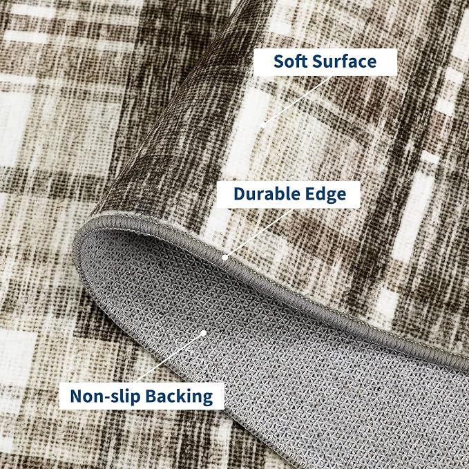 Washable Area Rug 5x7 Rug for Living Room Plaid Low Pile Bedroom Rug Modern Area Rugs Soft Non Slip Throw Rugs Stain Resistant Carpet for Classroom Dining Room Beige 5'x7'