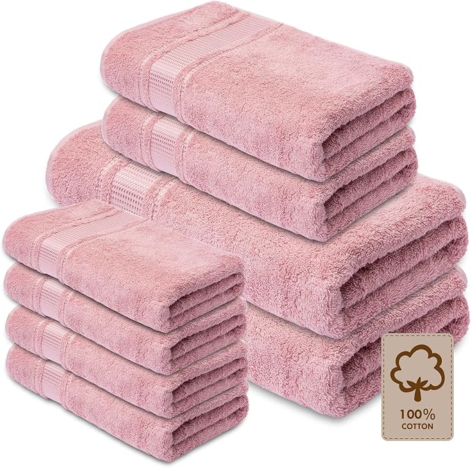 Melissa Linen, 8 Piece Towel Set, 2 Bath Towel 2 Hand Towel 4 Fingertip Towels, 100% Turkish Cotton Towels for Bathroom, Absorbent, Quick Dry, Durable and Soft, Dusty Pink