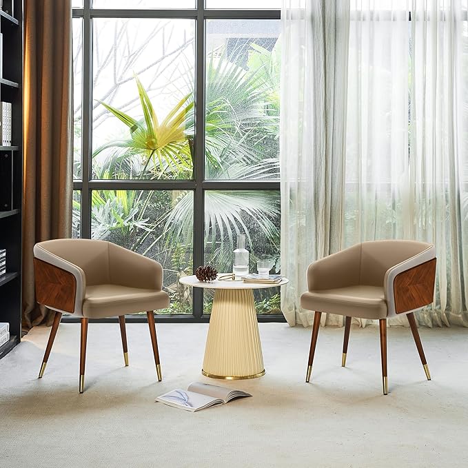 ARTPLAN Modern Upholsted Accent Dining Chairs,Mid-Century Faux Leather with Walnut for Kitchen,Office Waiting Room Arm Sitting Chair, Beech Legs Dissassembly Adjustable Feet,Light Coffee