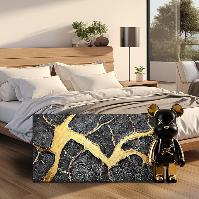 DNIEOTU Abstract Wall Art for Living Room, Black and Gold Hand-Painted Canvas Wall-Decor for Bedroom, 3D Textured Paintings, Size 40 x 20 Inches