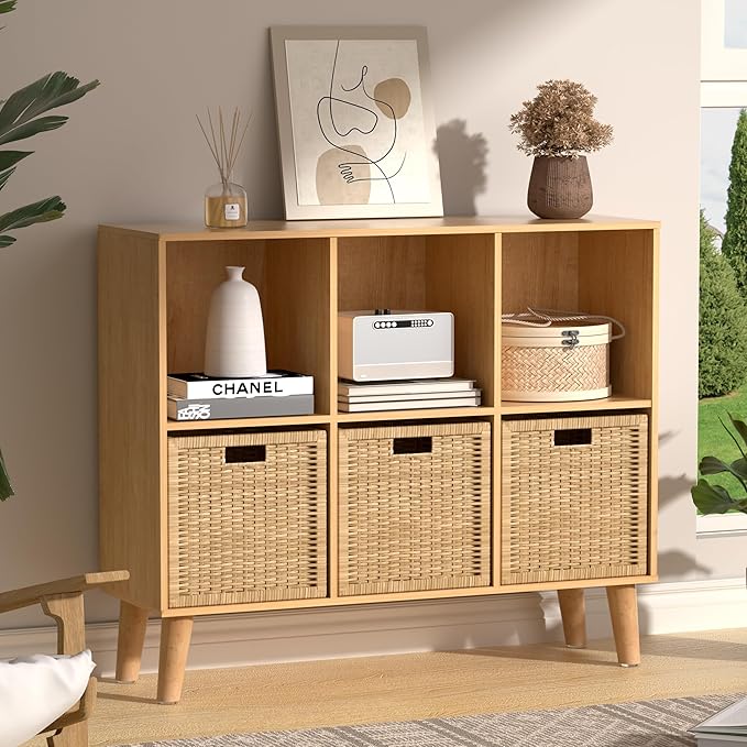 6 Cube Storage Organizer with Legs, 2 Tier Cube Low Horizontal Bookcase Freestanding Storage Display Organizer for Home Office, Six-Cubes Unit Open Shelf Bookshelf (Natural Oak,6 Cube)