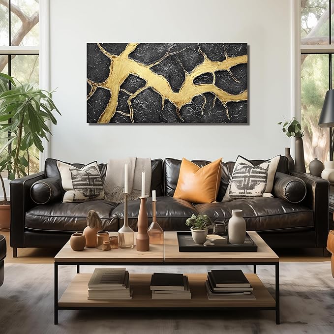 DNIEOTU Abstract Canvas Wall Art for Living Room, Black and Gold Wall-Decor for Bedroom, 3D Textured Paintings for Hallway Office, Size 47 x 24 Inches Hand Painted