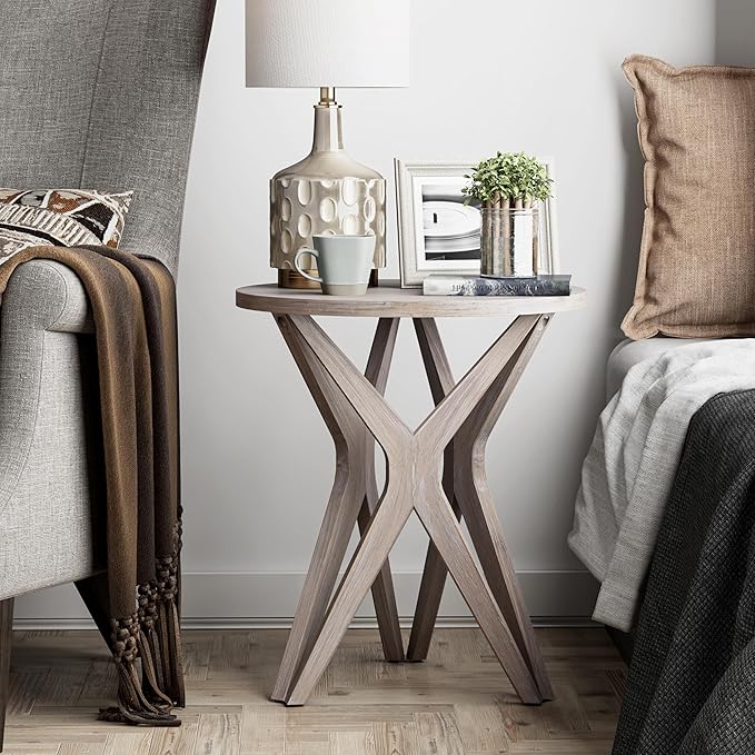 LONYKE Pedestal Farmhouse End Table Set of 2, Distressed Top with Tripod Base Bedside Table for Living Room, Modern, Boho Decor, Round (2-Pack, Distressed Aah Grey)
