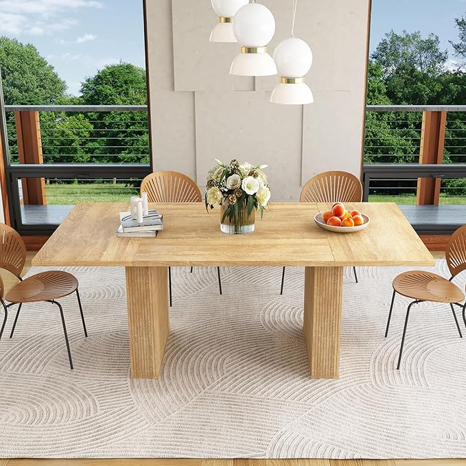 78 Inch Rectangular Dining Table for 6 to 10, Farmhouse Fluted Dining Kitchen Table, Modern Wood Long Dining Table for Kitchen Living Room, Natural