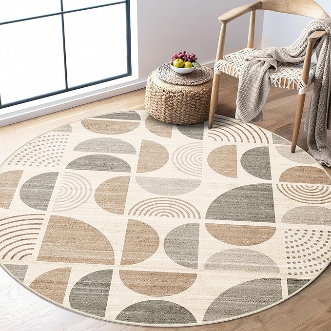 MUJOO Round Rugs 5ft,Circle Area Rug Washable,Circular Rugs for Living Room Dining Room,Boho Non Slip Throw Floor Carpet Modern Abstract Bohemian Neutral Beige