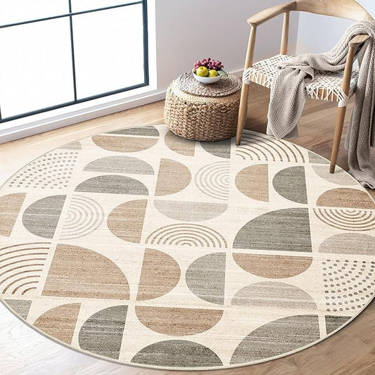 MUJOO Round Rugs 5ft,Circle Area Rug Washable,Circular Rugs for Living Room Dining Room,Boho Non Slip Throw Floor Carpet Modern Abstract Bohemian Neutral Beige