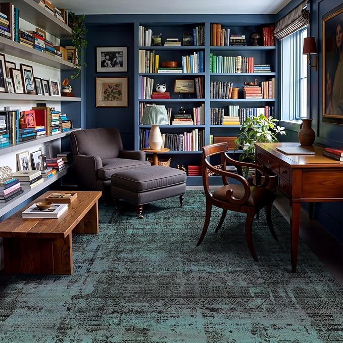Kokia Abstract Area Rugs 8x10 Bedroom Soft Living Room Rugs Washable Distressed Vintage Comfy Deep Teal Carpet with Non-Slip Backing for Farmhouse Home Office Room Decor, Ocean Teal