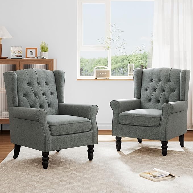 Accent Chairs Set of 2, High Back Upholstered Chair with Button Tufted, Mid-Century Modern Comfy Wingback Chair Reading Armchair in Fabric for Living Room for Bedroom, Office-Gray