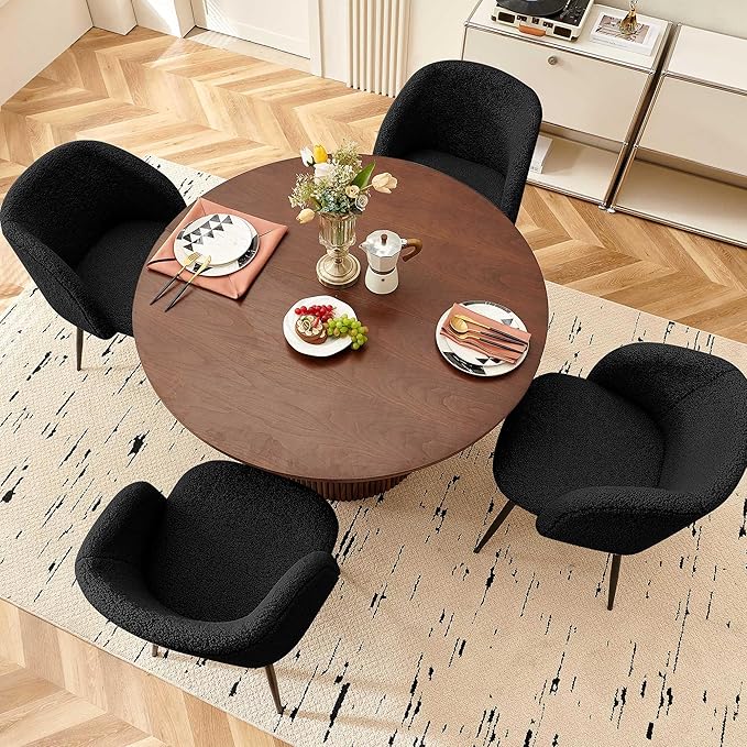 5-Piece Round Dining Table Set for 4, 47-Inch Walnut Kitchen Table and Upholstered Chairs Set for Dining Room, Modern Circle Dinette Table Set with Black Barrel Dining Side Chairs Upholstered