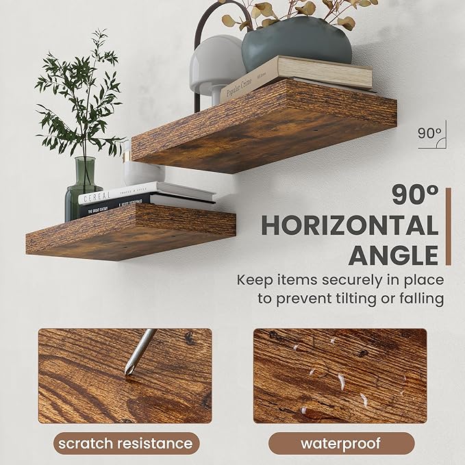 16 Inch Floating Shelves, 8 Inch Deep Floating Shelves for Wall, Hanging Shelf with Invisible Brackets, Deep Shelves for Bathroom, Bedroom, Living Room, Brown, Set of 2
