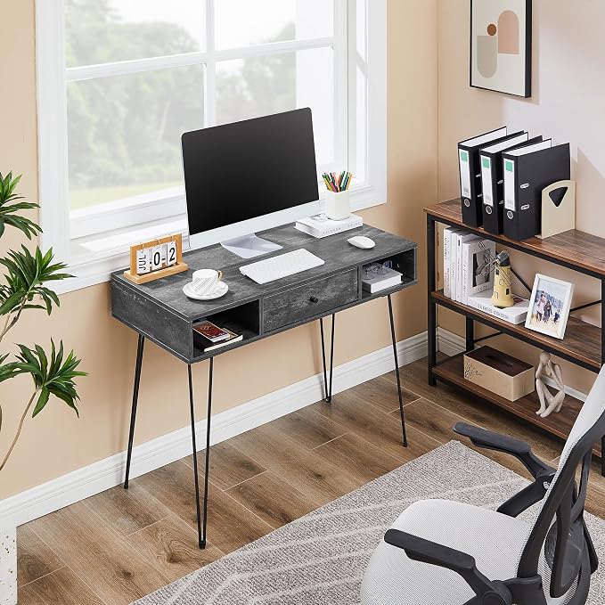 VECELO 39.3" Home Office Work Table with Drawers,Computer Desk with Hairpin Leg for Writing/Study,Charcoal Grey