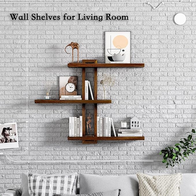 Variable Floating Shelves Wood Set of 4, Bathroom Shelves 28.35" Max, Rustic Wall Shelves for Living Room Bedroom Farmhouse - Burnt Walnut Color - 28.35" x 23" x 4.3" Max