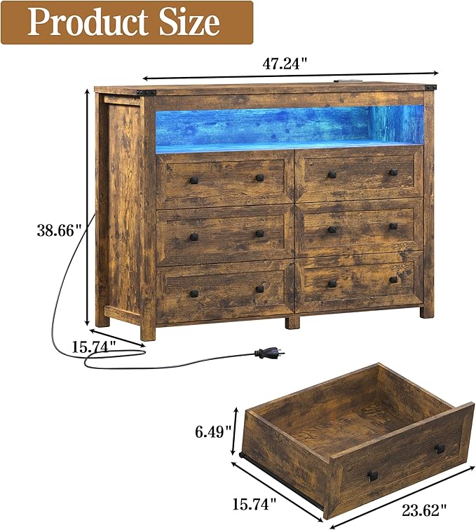 Brown Dresser 6 Drawer Dressers for Bedroom with LED Lights, Charging Station, Wood Chest of Drawers with Metal Handles, Modern TV Stand Storage Cabinet for Living Room, Hallway, Entryway