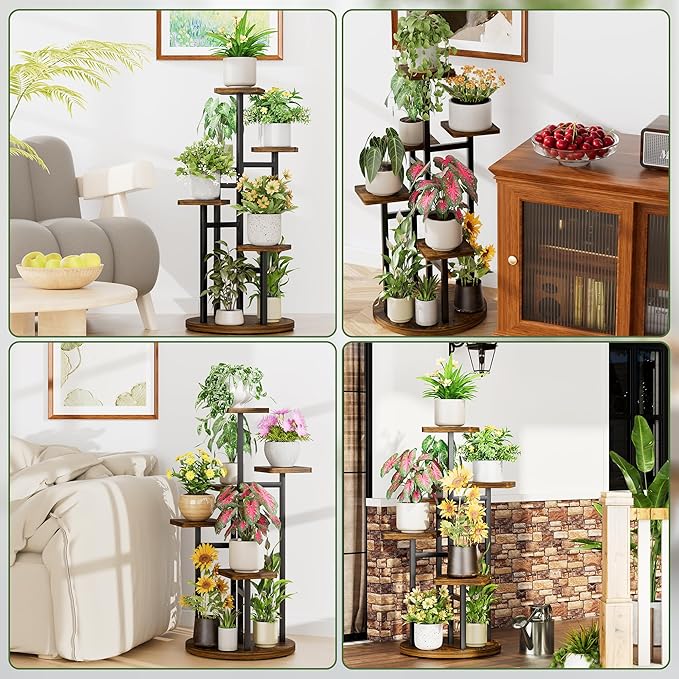 5 Tier Wood Plant Stand Indoor Outdoor, Wood Tall Plant Rack, Heavy Duty Wrought Iron Flower Pot Stand, Planter Display Rack for Living Room Balcony Garden Patio - BlackSquare