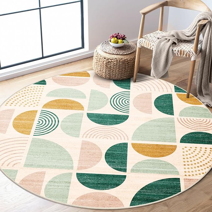 MUJOO Round Rugs 5ft,Circle Area Rug Washable,Circular Rugs for Living Room Dining Room,Boho Non Slip Throw Floor Carpet Modern Abstract Sage Green