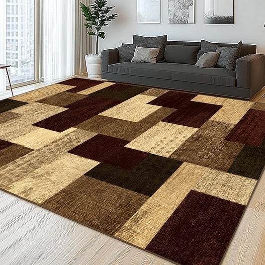 Modern Geometric Patchwork Indoor Area Rug for Living Room, Red 9x12 Large Rug Rockwood Collection Hardwood Floors Decor for Bedroom, Burgundy Throw Carpet for Office Entryway Dining Room