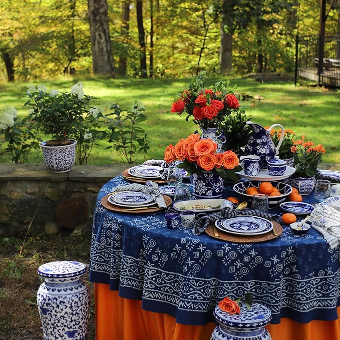 Euro Ceramica Blue Garden 16 Piece Oven Safe Hand Painted Stoneware Dinnerware Set, Service for 4, Bold Vase Design/Floral Pattern, White and blue