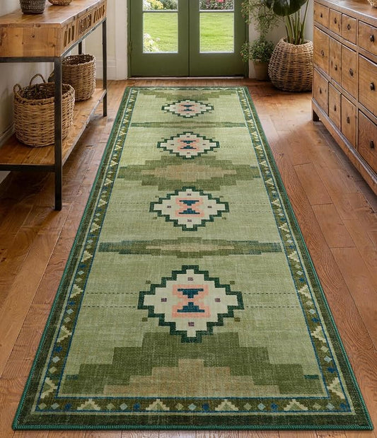 Green Hallway Runner Rug 2x6 Non-Slip, Washable Mid Century Modern Entryway Rug, Low Pile Runner Rug for Kitchen, Bedroom, Laundry Room