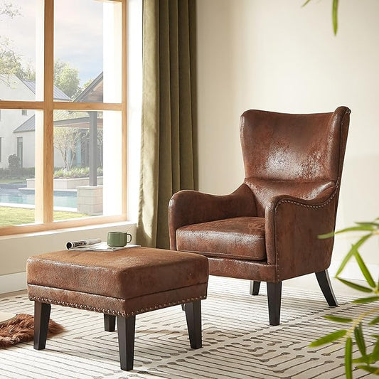 Mid-Century Modern Accent Chairs with Ottoman Footstool Set, Wingback Club Chair with Footrest Set, Nailhead Trim | Solid Wood | Vintage Distressed, Including Chair and Ottoman