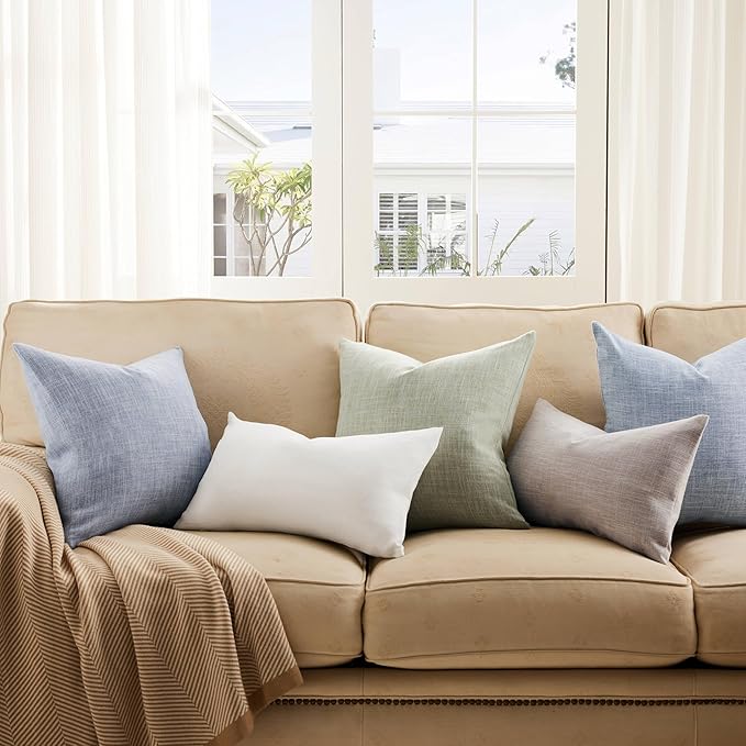 ZeeMart Rustic Cotton Linen Throw Pillow Covers Set of 2, 22x22 Inch Off White, Farmhouse Style Decorative Couch Pillow Cases Ivory Cushion Covers for Sofa Bed Living Room Home Decor