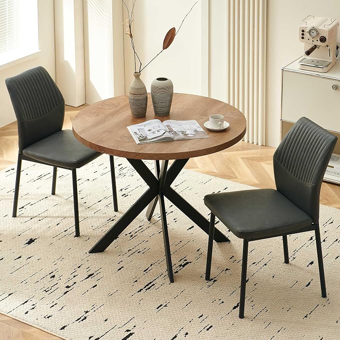 37" Round Dining Table Set for 2, Mid Century Modern Small Coffee Set for Dining Room Kitchen Apartment (Walnut Table + 2 PU Leather Dark Grey Chairs)