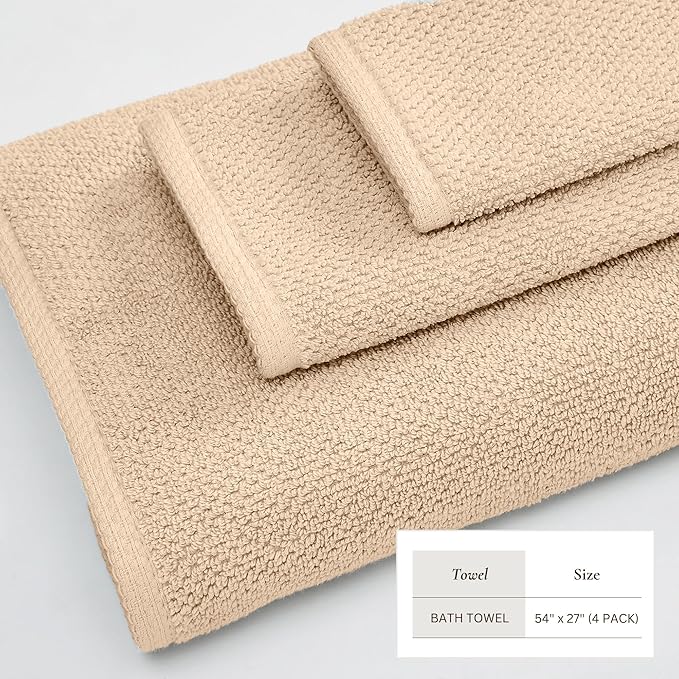 Great Bay Home 100% Cotton 4 Pack 54x27 Bath Towel Set - Absorbent, Quick-Drying, Durable Towels for Bathroom Decor - Low-Twist, Two-Ply Fibers (Taupe)