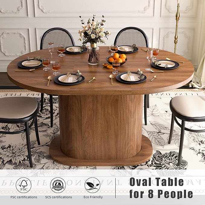 39.37"-55.12" Round Extendable Dining Table, Oval Kitchen Table with Fluted Metal Slide Door, Space-Saving Expandable Dining Table for Small Apartment & Family Use, Walnut