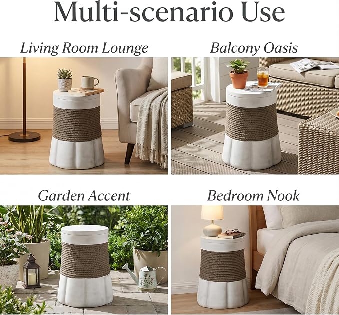 ø14'' Faux Concrete Cement Round Side Table End Table, Modern Contemporary Minimalist Retro Style, MGO Material for Indoor & Outdoor, No Assembly, Woven Rope & Fan-Base, Brown & Gray