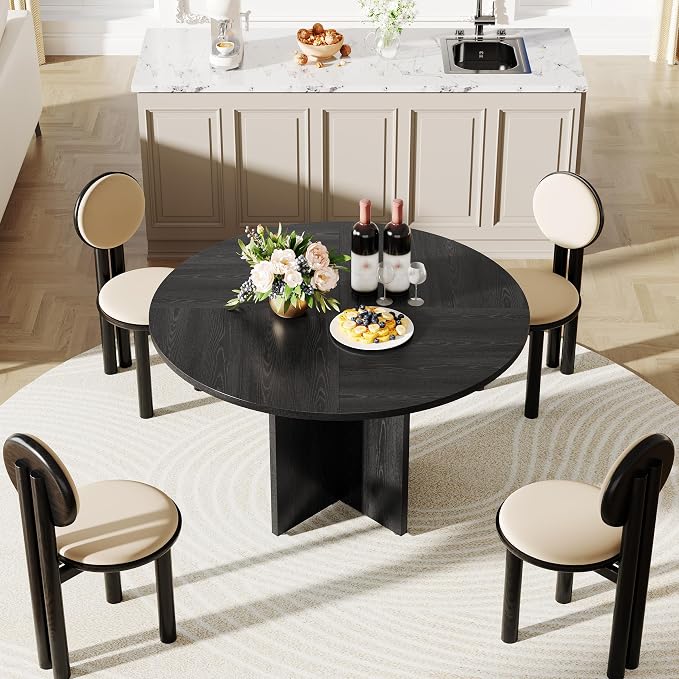 47 Inch Round Dining Table for 4-6 People, Rustic Circle Kitchen Table with X-Shaped Stable Pedestal, Dinner Table for Dining Room Kitchen Living Room, Black