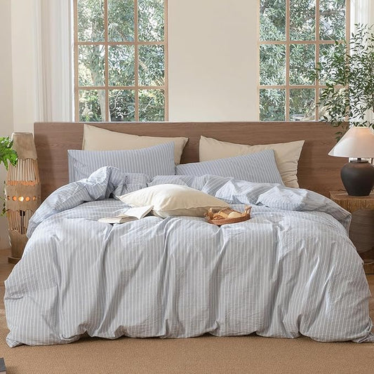 MooMee Striped Duvet Cover Set 100% Washed Cotton Linen Like Textured Breathable Durable Soft Comfy (Cornflower Blue White Wide Stripes, King 104"x90")