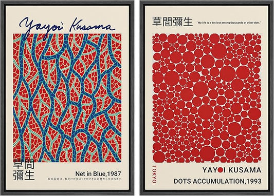 MUDECOR Framed Canvas Print Wall Art Blue Red Dots by Yayoi Kusama Japanese Nature Illustration Modern Art Decorative Multicolor Geometric Minimal for Bedroom - 16"x24"x2 Black