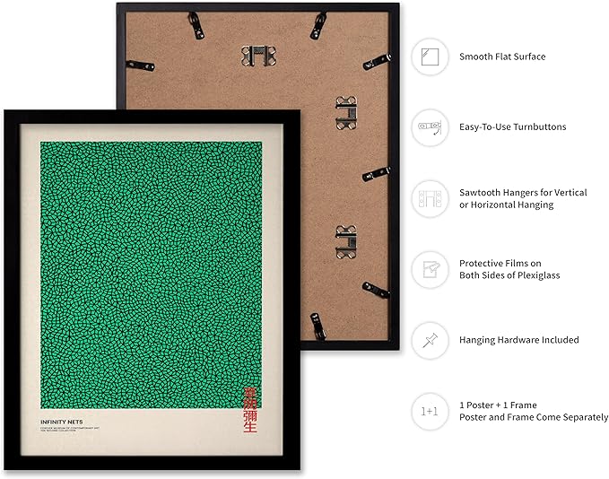 Poster Master Vintage Poster - Retro Pop Art Print - Gift for Artist, Friend - Infinity Nets, Japanese, Green, Modern, Abstract - Wall Decor for Home, Office, 11x14 Black Framed