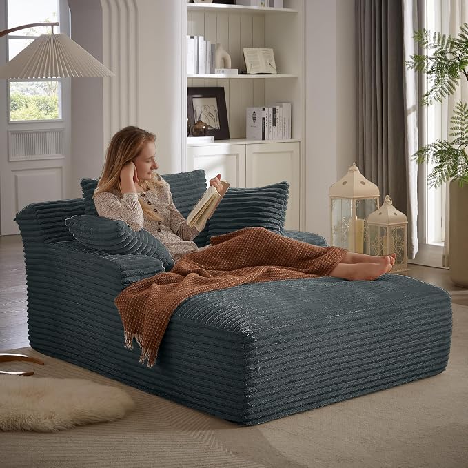 50" Chaise Lounge Chair Indoor, Oversized Corduroy Lazy Sofa Bed Sleeper Chair with 3 Pillows & Spring Cushion, Boneless Couches for Living Room Apartment, Dark Grey