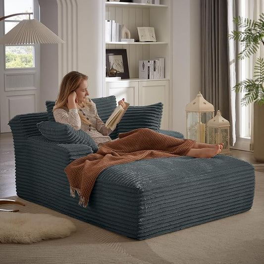 50" Chaise Lounge Chair Indoor, Oversized Corduroy Lazy Sofa Bed Sleeper Chair with 3 Pillows & Spring Cushion, Boneless Couches for Living Room Apartment, Dark Grey